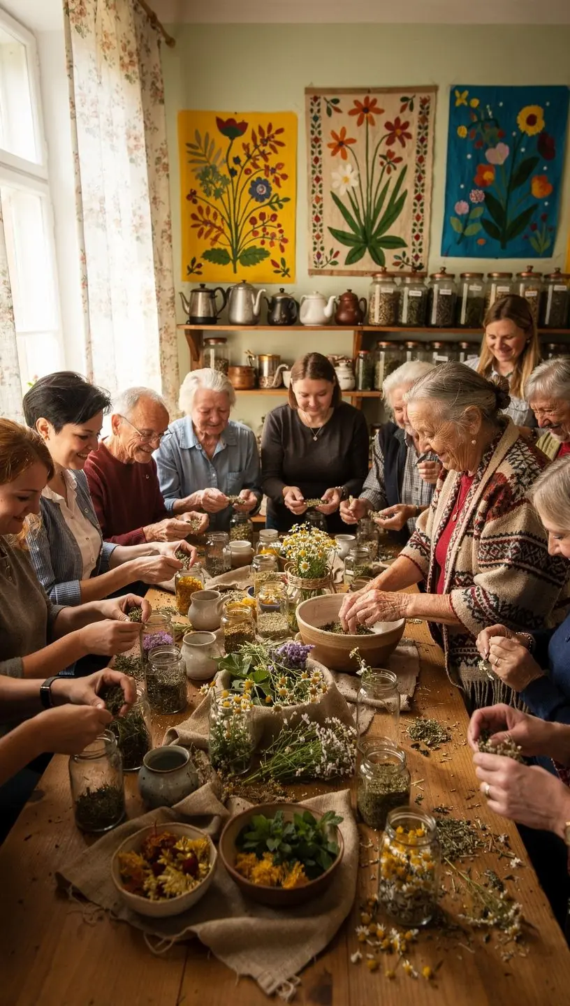 Stilingas žolelių arbatos rinkinys su etiketėmis, apibūdinančiomis skonio ir aromato savybes.