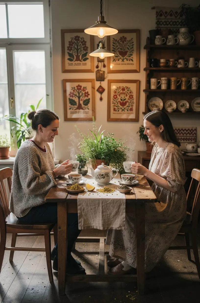 Žolelių arbatos paruošimo procesas, kuriame matyti užplikyta arbata ir šviežios žolelės.