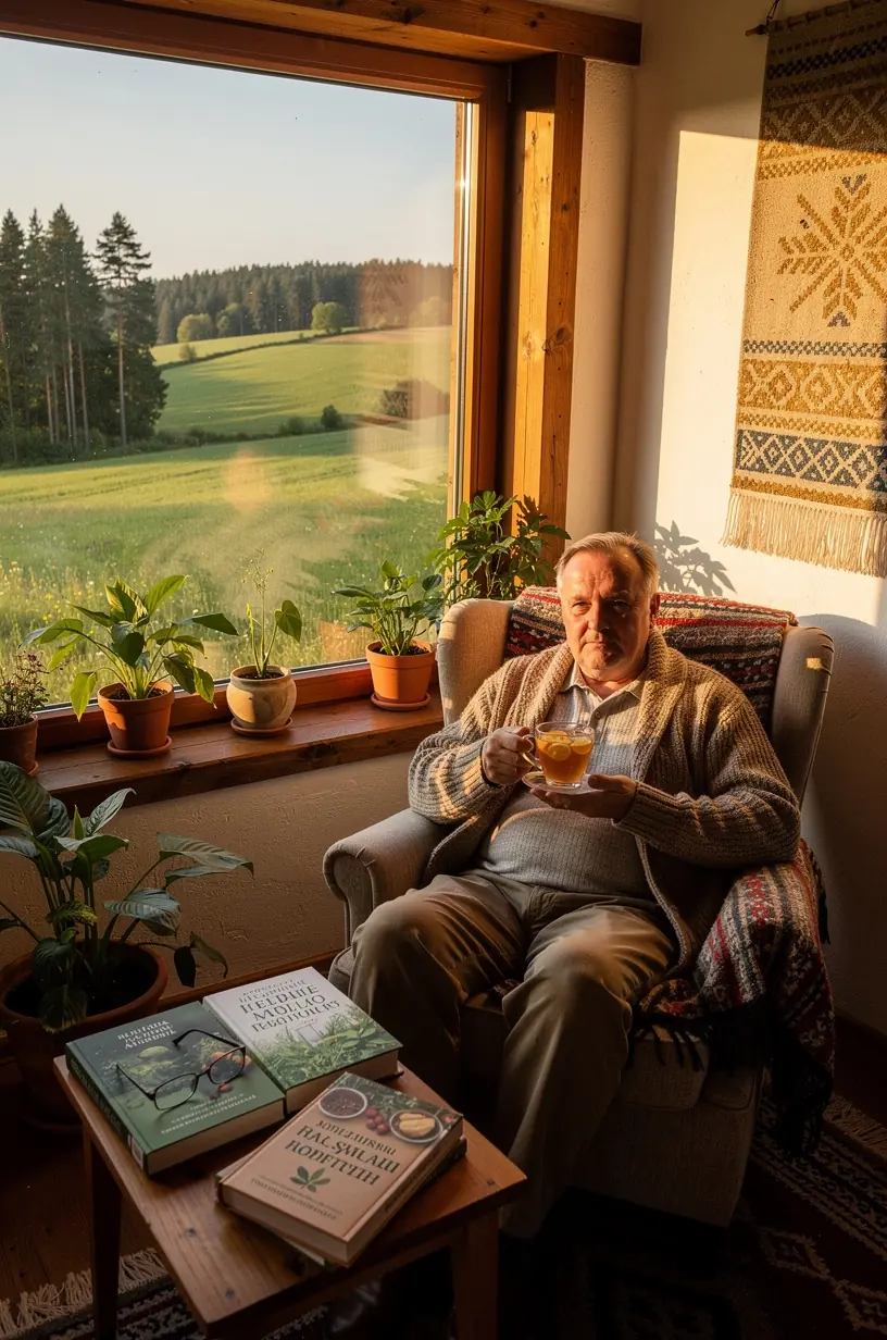 Arbatos puodelis su natūralių žolelių mišiniu ant medinio stalo, šalia žalių lapų ir žiedų.