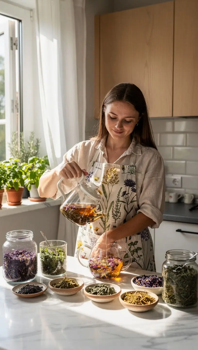 Moteris ramiai gurkšnoja šiltą žolelių arbatą jaukioje namų aplinkoje, pabrėžiant komfortą.